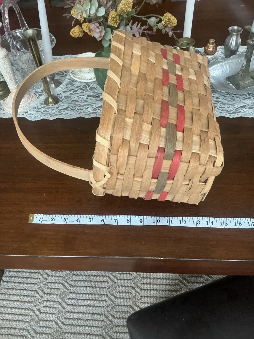 Vintage Woven Splint Market Gathering Basket Dyed Red Green Band Farmhouse Decor